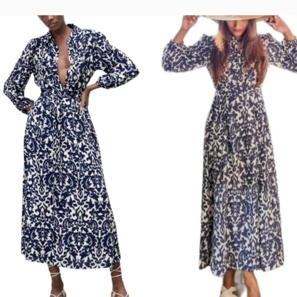 Zara Navy Blue & White Printed Belted Midi Shirt Dress Size Large - Picture 1 of 10